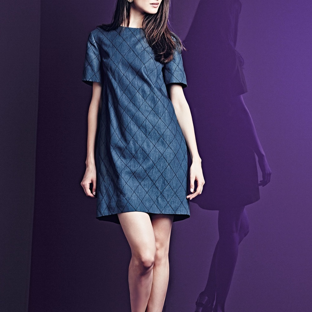 Blue Short-sleeve Quilted Chambray Dress